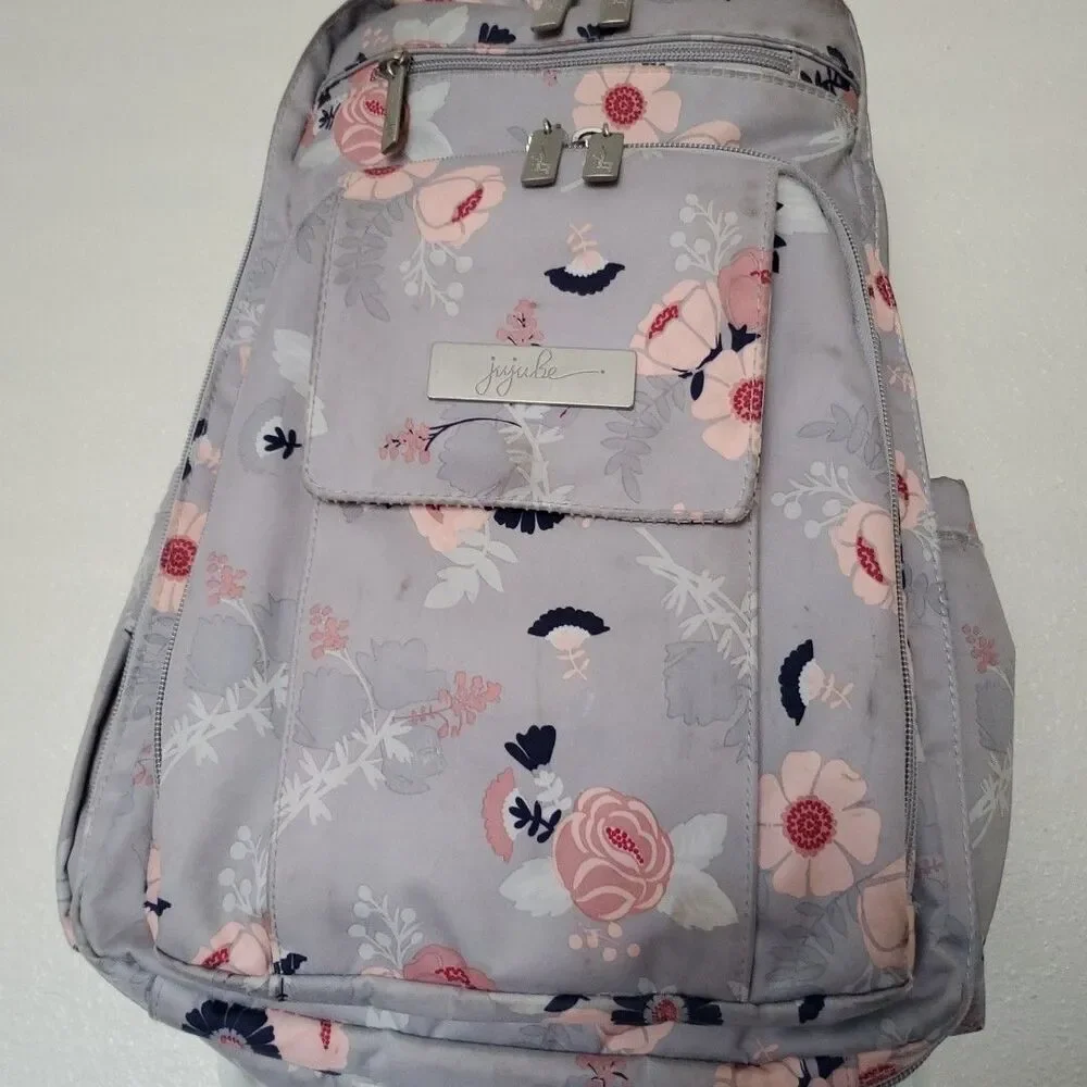 JuJuBe Be Right Back Multi-Function Diaper Backpack Floral Gray Multi Zip Pocket